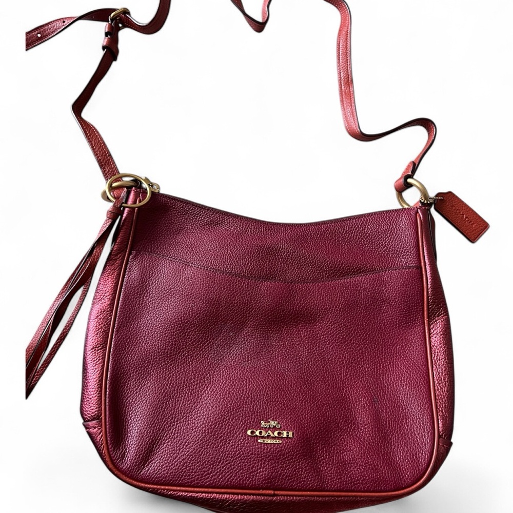 Coach Pebbled Leather Crossbody Bag Oxblood Red Gold Hardware Adjustable Strap